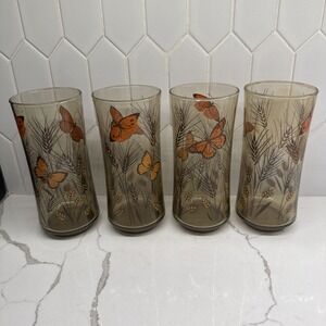 VINTAGE Libbey Amber Monarch Butterfly & Wheat Tumbler Glasses Set of 4
